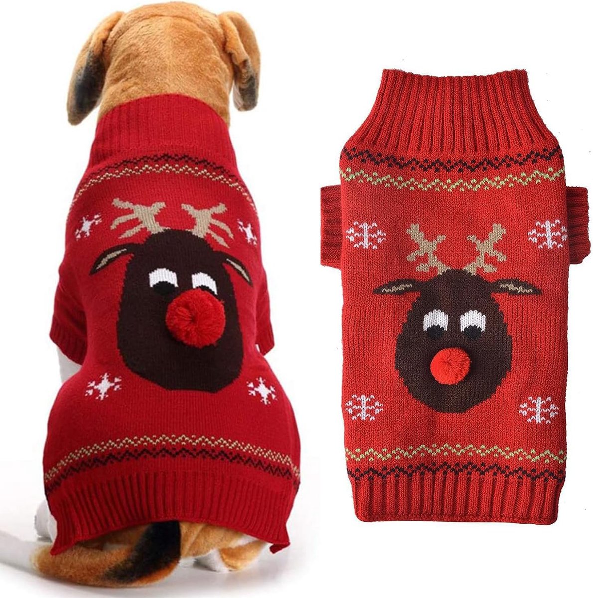Kerstsweater voor huisdieren, hondenkostuum in kerststijl, gebreide trui voor honden, puppy's, hert met rode neus, M