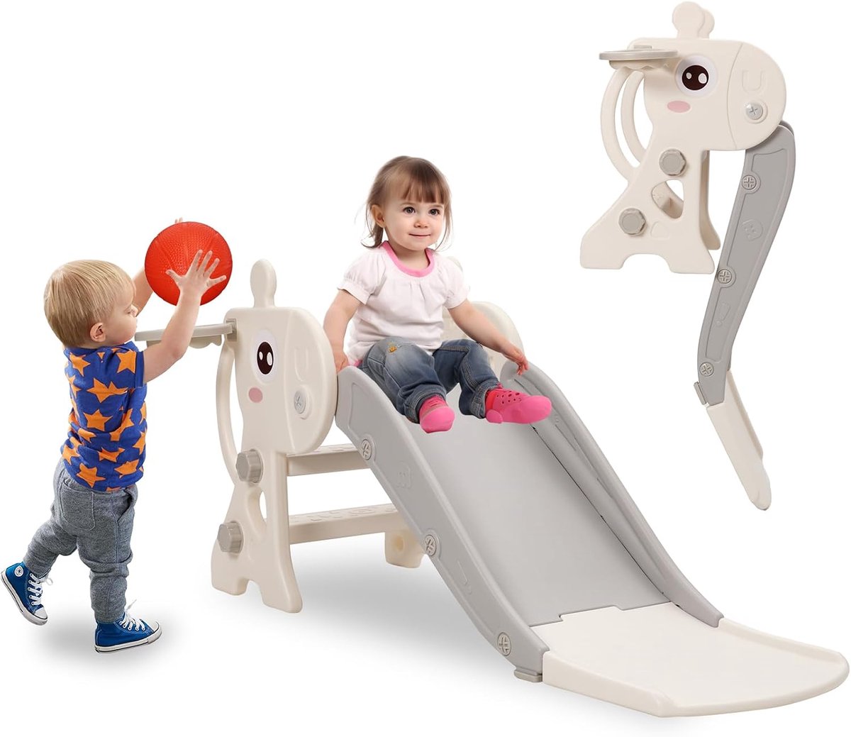 Glijbaan voor binnen en buiten voor kinderen, kinderglijbaan, opvouwbaar, met basketbalmand, tuinglijbaan, peuterglijbaan, kinderglijbaan, 2, 3 jaar (hert - grijs)