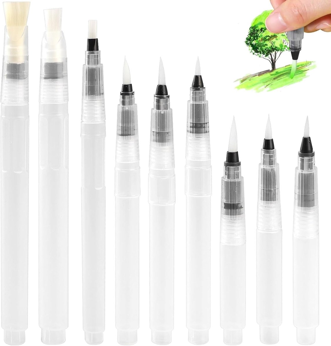 9 stuks waterpenseelstiften, aquarelstiften, vulbare watertankkwast, aquarel waterpenseel met tank, voor het mengen van aquarelverf (3 maten)