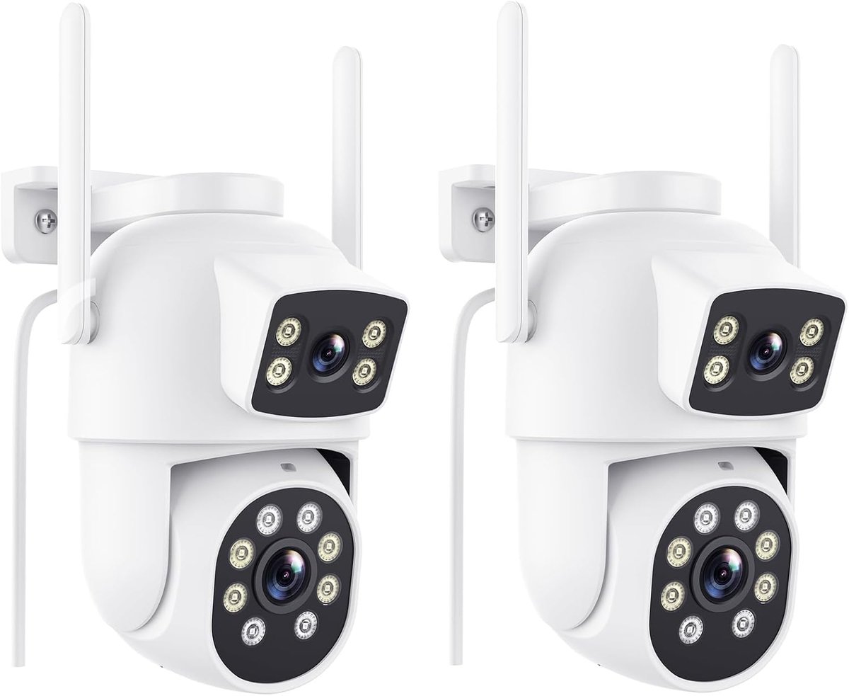 3K bewakingscamera voor buiten met dubbele lens, PTZ Outdoor WLAN IP-camera, bewakingscamera voor buiten met automatische tracking, gekleurd nachtzicht, tweerichtingsaudio, IP66, 2 stuks