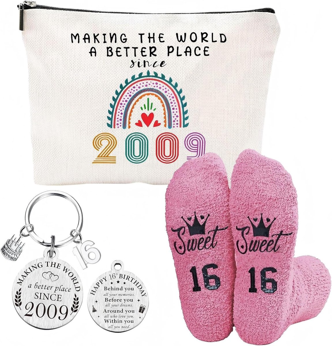 3 stuks Zoete 16 cadeauset met make-uptas, sleutelhanger en sokken, HSYWSH-16e verjaardagscadeaus voor meisjes, verjaardagscadeaus voor 16-jarige meisjes voor dochter, nichtje, kleindochter, vrienden