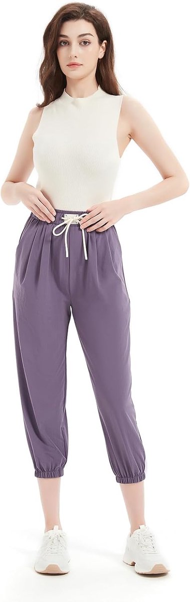 Capribroek voor dames, zomer, elastische taille met trekkoord, vloeiende damesbroek met strakke pijpen, 7/8, zachte stof, comfortabel voor werk, sport, ontspanning, vakantie