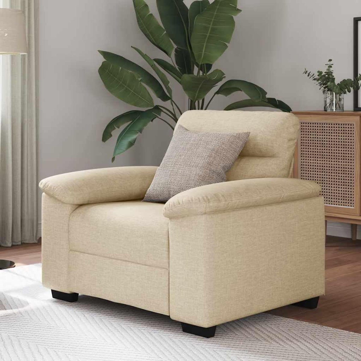 Crème 60 cm stoffen gestoffeerde stoel met brede armleuningen en robuust houten metalen frame, zacht duurzaam polyesterweefsel voor woonkamer, kantoor, logeerkamer,