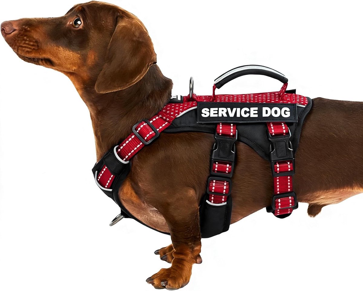 Hulphond harnasvest, ontsnappingsbestendig harnas met 6 patches, anti-trek, reflecterend harnas met handgreep, verstelbaar voor kleine tot grote honden, voor training (rood, S)