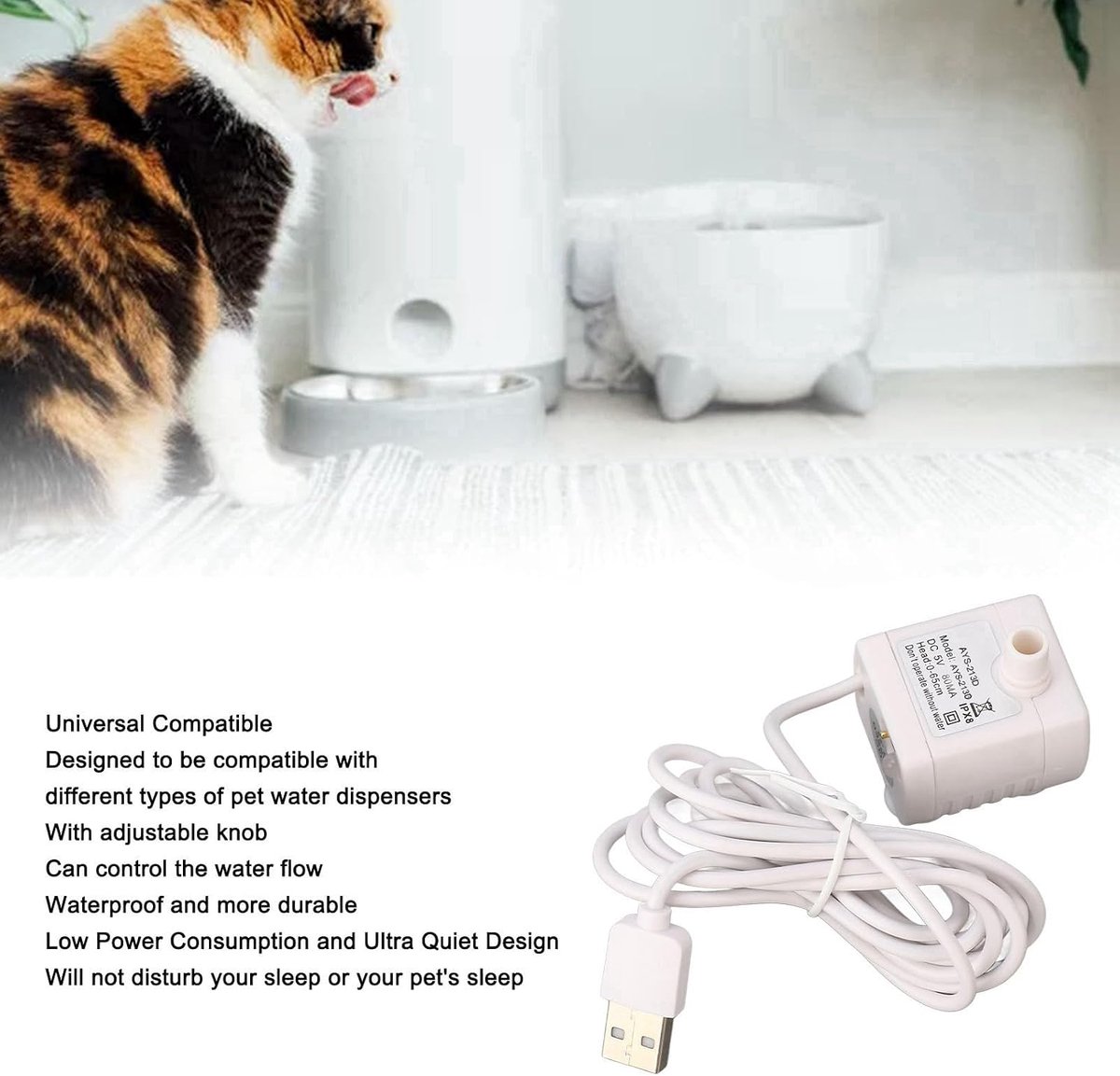 Waterfonteinpomp voor Huisdieren USB-aangedreven DC Borstelloze Motor Ultrastil Laag Stroomverbruik Verstelbare Vervangingspomp voor Kat Hond Waterdispenser ABS-materiaal 148,5
