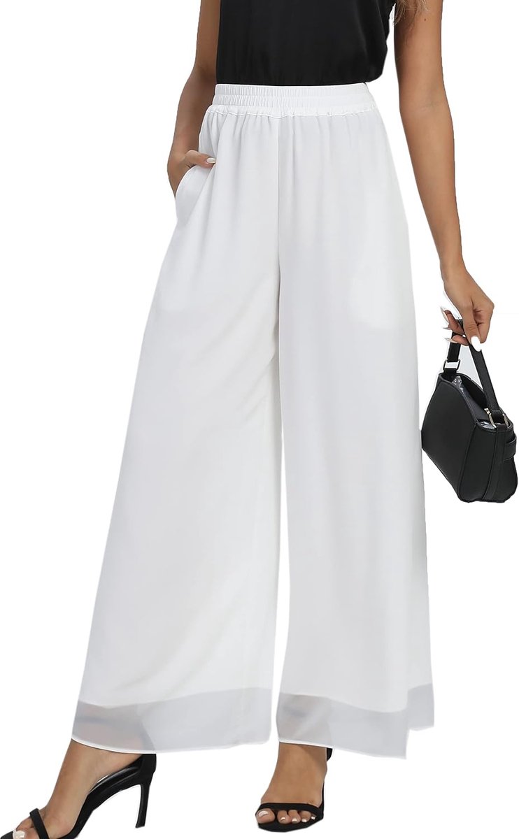 Dames chiffon wijde pijpen palazzo broek hoge elastische taille casual vloeiende zakelijke broek