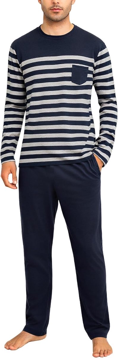 Herenpyjama met lange mouwen pyjamaset ronde hals tweedelig katoen haspak contrasterende nachtkleding, blauw (a), XL
