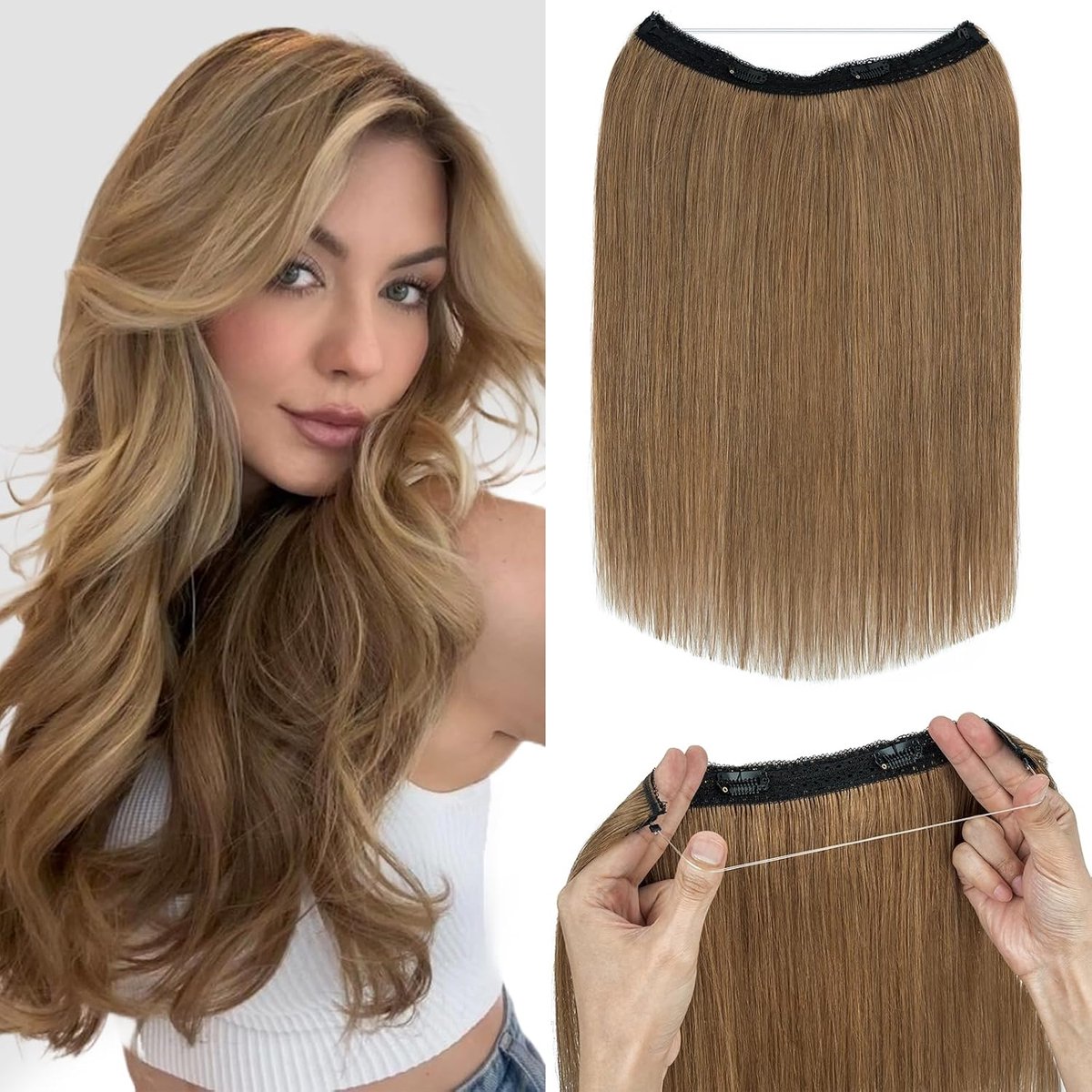 Wire in Extensions van echt haar met transparant koord, lichtbruin, 60 g, Secrets Hair Extensions, haarverlenging voor vrouwen, 35 cm, #06
