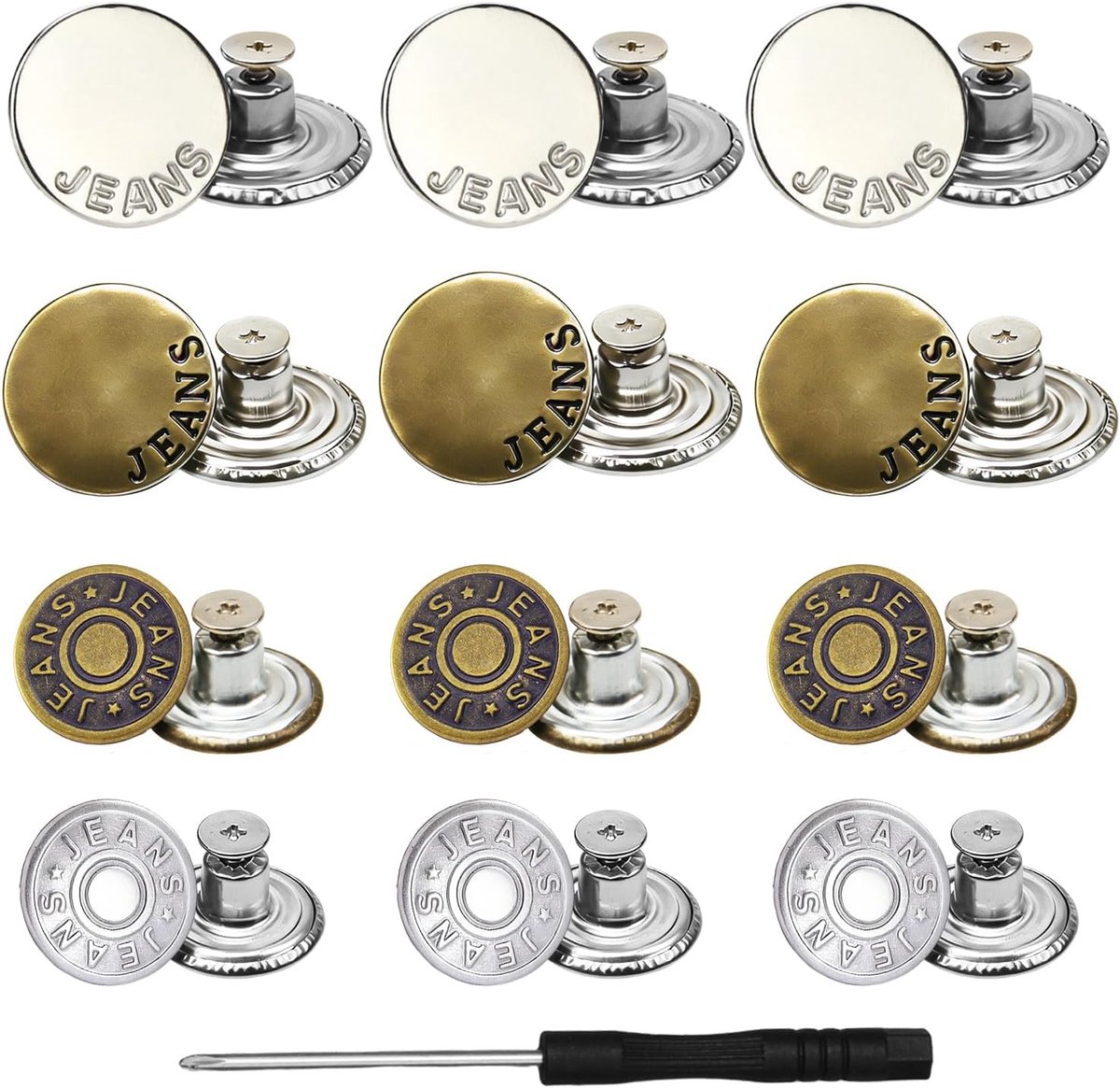 Knopen (17 mm en 20 mm) 1 schroevendraaier inbegrepen, verstelbare broekknop voor het aanpassen van de jeansmaat, handig voor het repareren en personaliseren van je broek