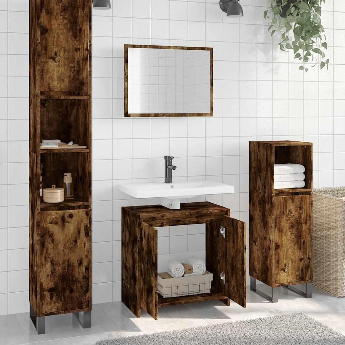Badkamermeubelset met spiegel, rookeiken, houtmateriaal, 60 cm breed, badkamerkast en wandspiegel voor moderne badkamer