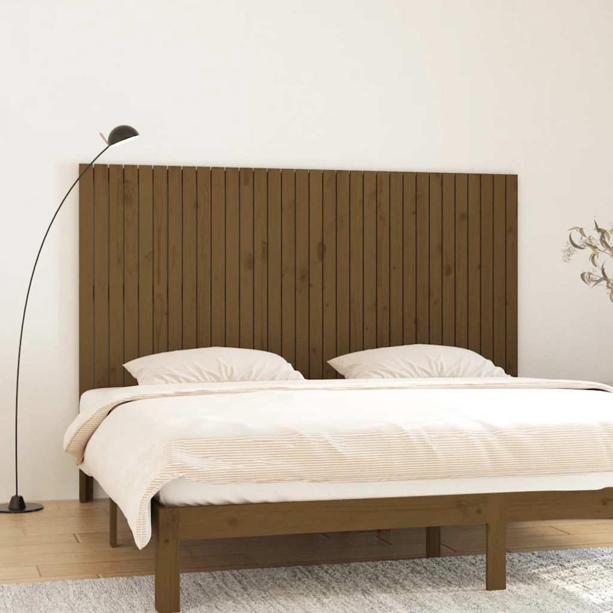 Grenenhouten hoofdeinde voor wandmontage, 204 x 3 x 110 cm, honingbruin, klassiek design voor elegante slaapkamer, uitstekende rugondersteuning, rustieke look