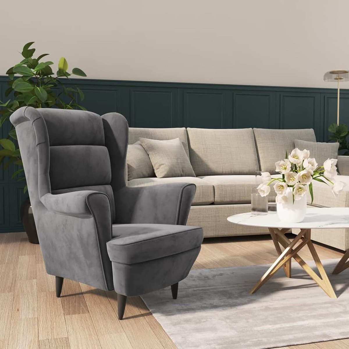 Fluwelen fauteuil, relaxfauteuil met armleuningen, ontspanning, stoel, woonkamer, bank, kantoor, geel, lichtgrijs