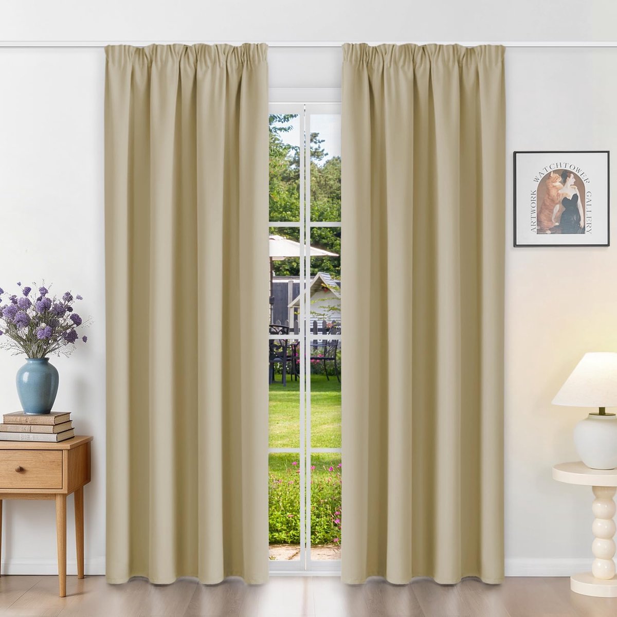 Gordijnen met plooiband, ondoorzichtig, beige, verduisteringsgordijnen, set van 2, 220 x 140 cm (H x B) voor railsysteem, thermische gordijnen, koudebescherming, schuifgordijnen voor woonkamer