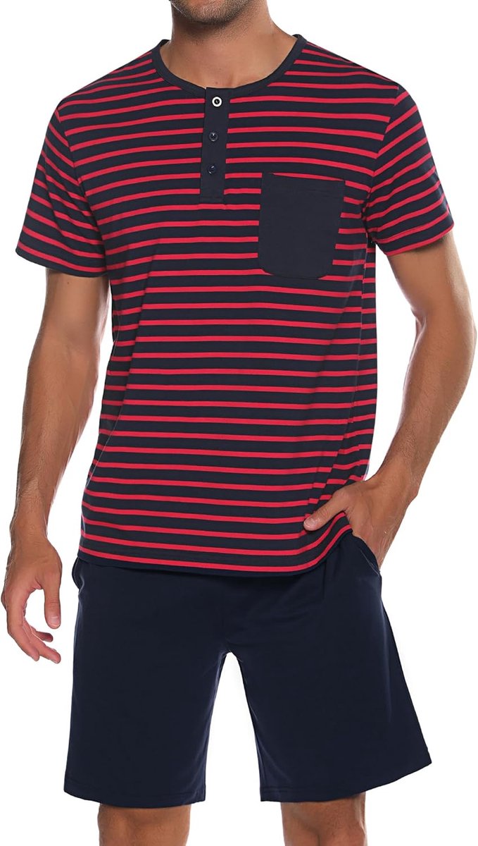 pyjama voor heren, van katoen met contrasterende strepen, zomerpyjamaset, bovendeel en korte broek, vader en partner, groen, L