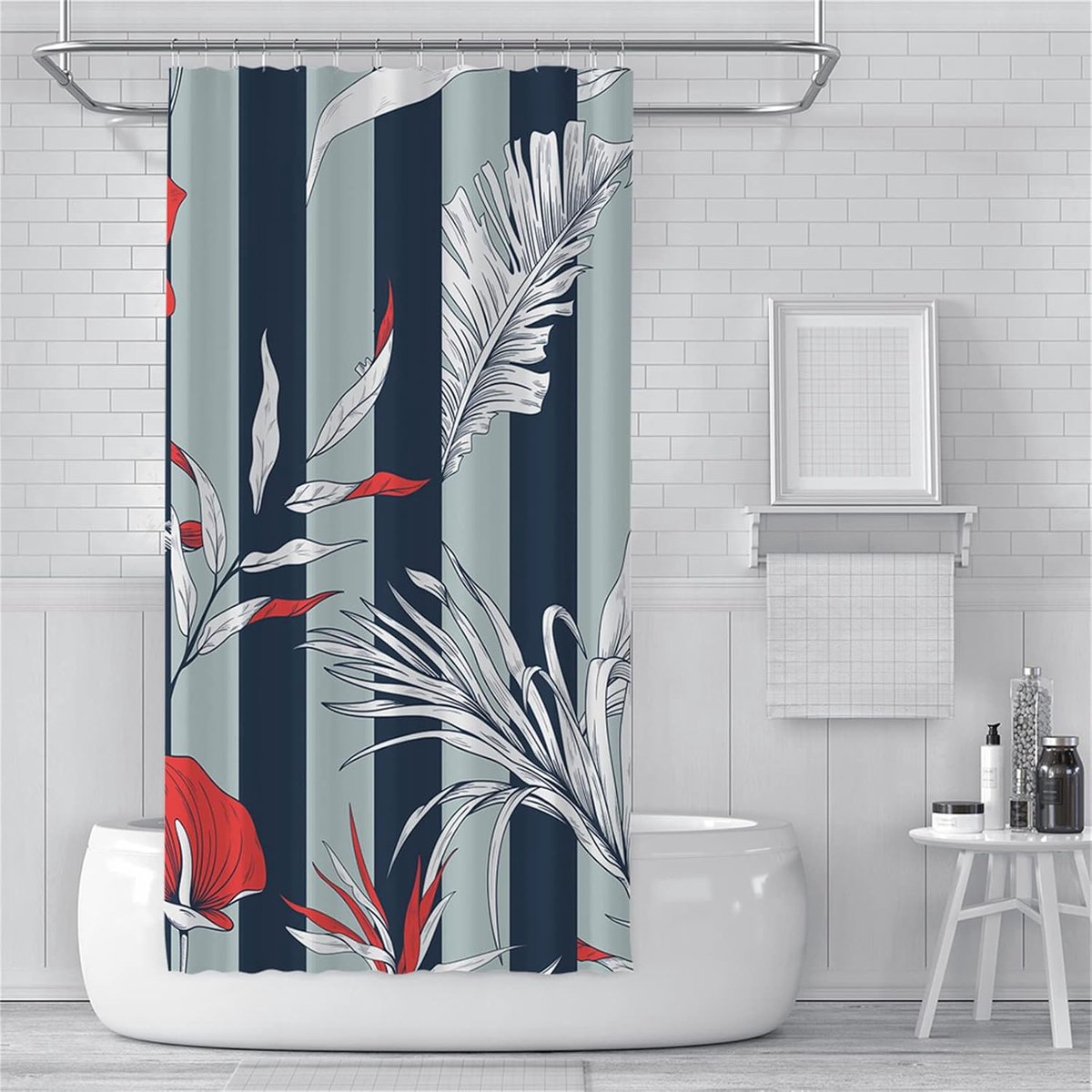 Line Maple Leaf Douchegordijn Mould Proof Resistant Wasbare Badgordijnen met 12 Haken en Gewogen zoom, Stof Douchegordijnen Outdoor Waterdicht Polyester voor Bad en Douche, 150x150cm