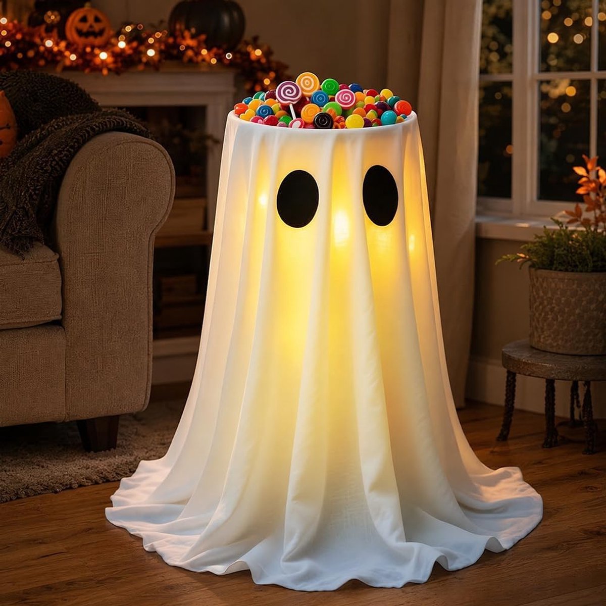 Snoepschaal met verlichting, 80 cm groot spookfiguur, Halloween-schaal, snoephouder, geestsnoepschaal, standaard, decoratieve figuur voor tuin, keuken, thuis