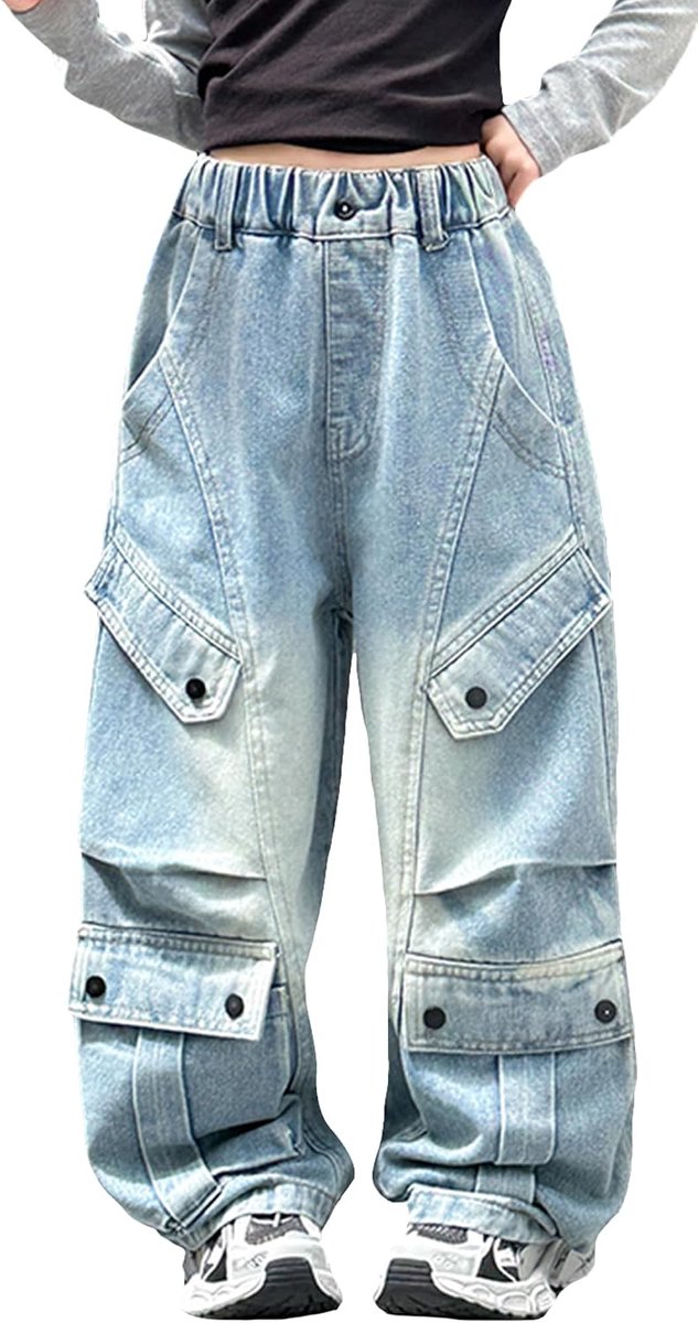 Jeans met wijde pijpen voor meisjes, denim broek recht, cargo-vrijetijdsbroek met elastische tailleband en zakken, maat 120-170