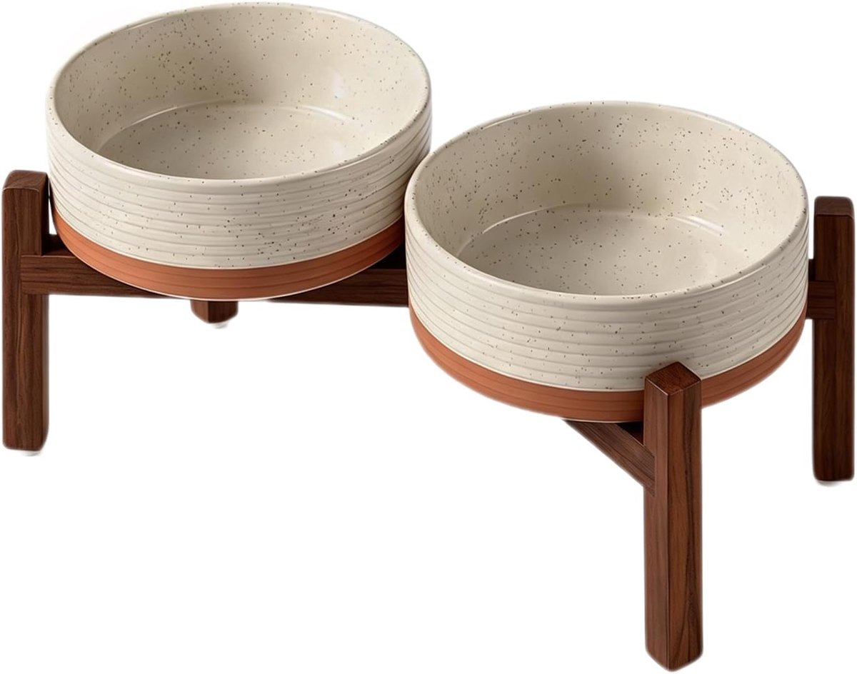 Hondenbak, verhoogde voederbak voor honden met acaciahouten standaard, diameter 15,5 cm, voerbak voor honden, 2 hoogtes, set dubbele keramische kommen voor katten en honden
