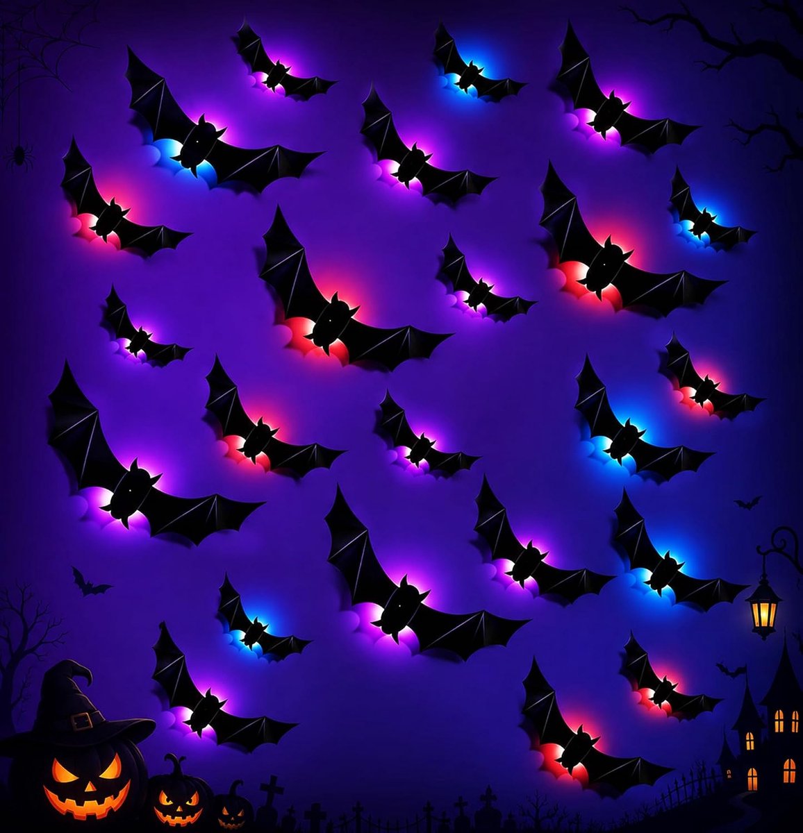 24 stuks led-verlichting, 3D, vleermuisdecoratie, vleermuis, muursticker met 10 verschillende maten, Halloween-decoratie voor muur, raam, deur, feestaccessoires, binnen en buiten