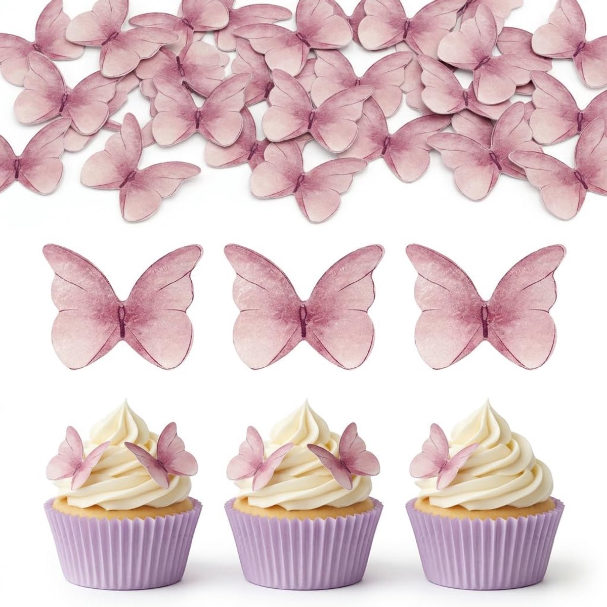 Eetbare vlindertaartdecoratie, paarse vlinders voor cupcakes, muffins en desserts, ideaal voor verjaardag, bruiloft, babyshower en lente