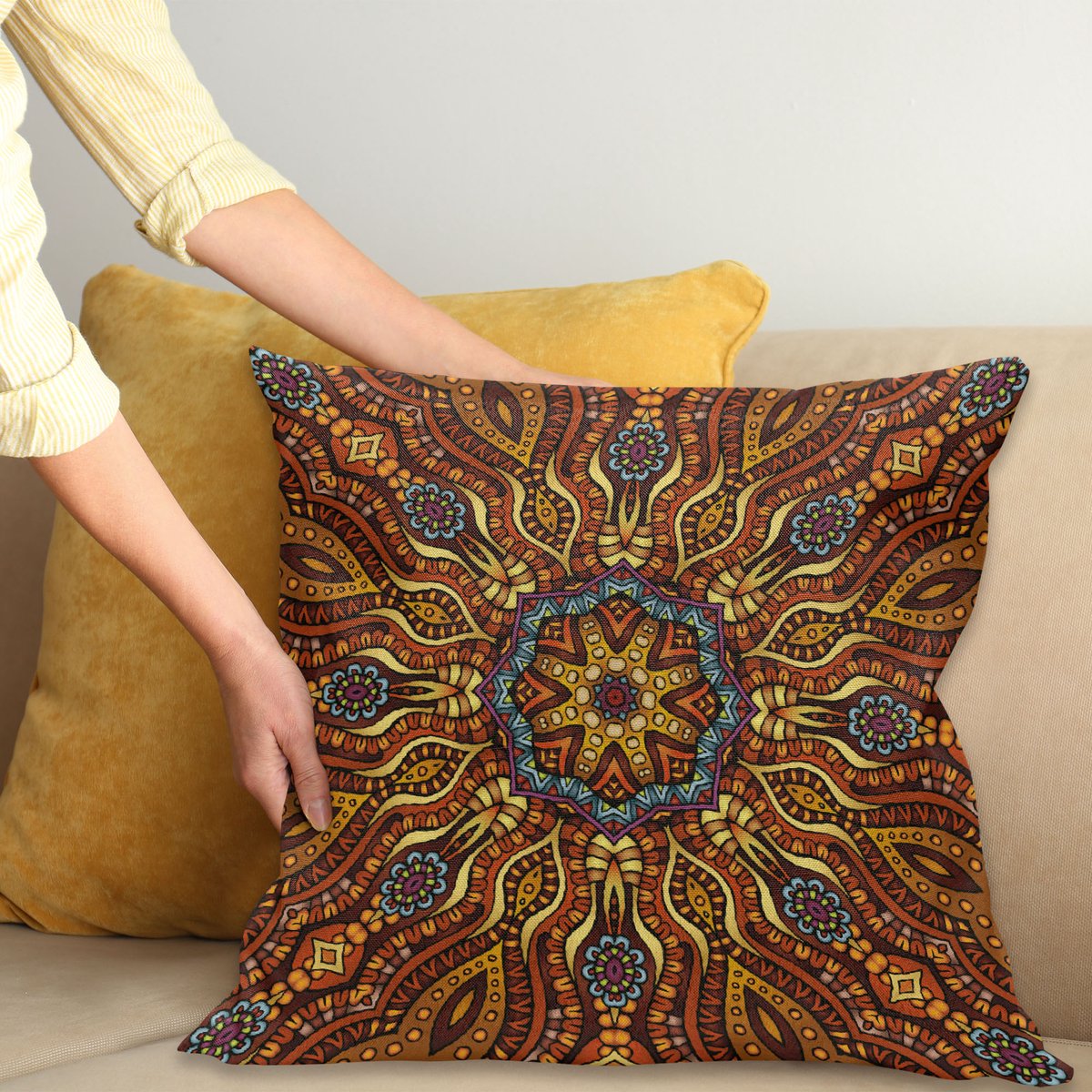 ABAKUHAUS Etnisch Kussenhoes, Warm farbigen Ontwerp Boho, Decoratieve Kussenhoes met Dubbelzijdige Print, Ritssluiting, Wasbaar, 60 x 60 cm, Goudsbloem Geel