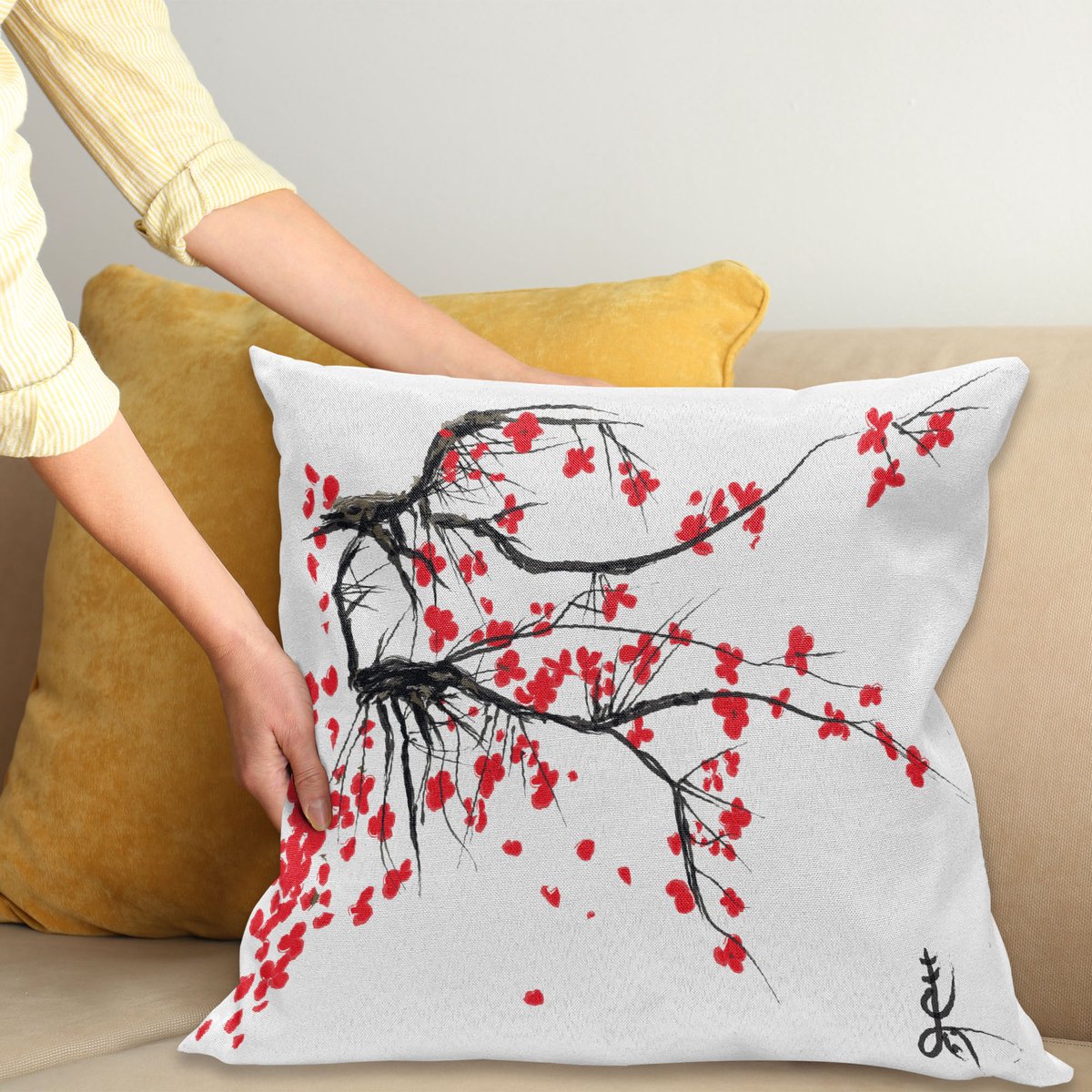 ABAKUHAUS Sakura Kussenhoes, Aquarel Sommergarten, Decoratieve Kussenhoes met Dubbelzijdige Print, Ritssluiting, Wasbaar, 60 x 60 cm, Grijs en Vermiljoen
