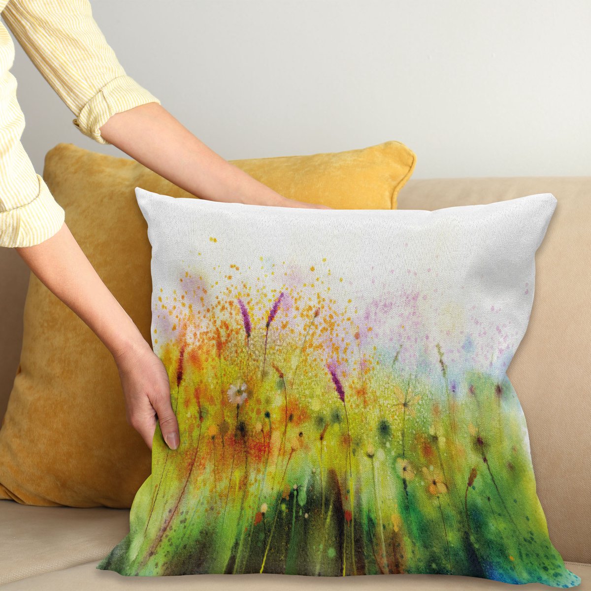 ABAKUHAUS Bloemen Kussenhoes, Violet Tuin-Bloemen, Wasbare Kleurechte Kussenhoes met Digitale Dubbelzijdige Print en Ritssluiting, 50 x 50 cm, Groen