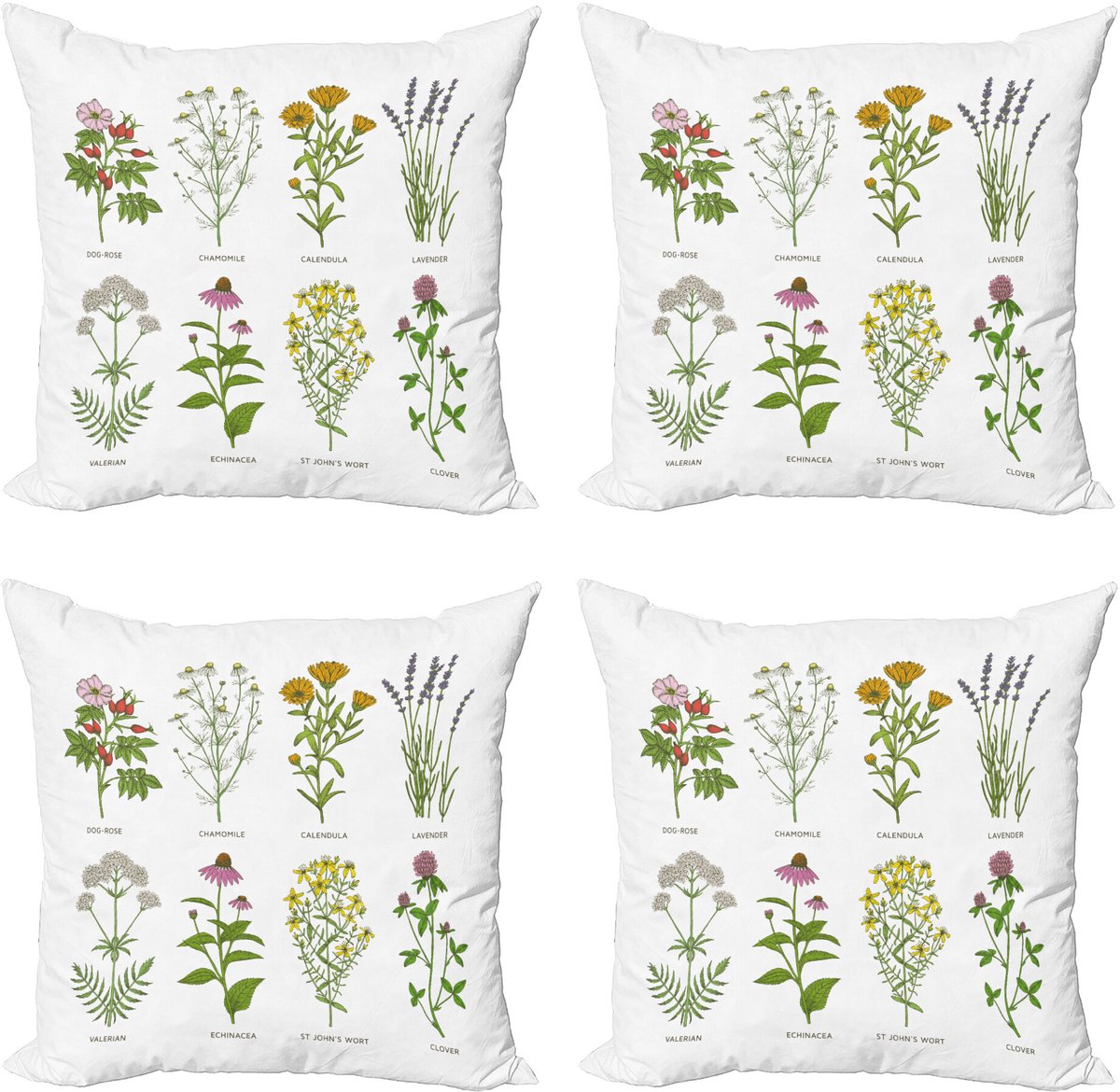 ABAKUHAUS Kraut Sierkussen Kussenhoes 4er Set, Naturkosmetik Bloemen, Modern Accent Dubbelzijdige Digitale Print, 50 x 50 cm, Meerkleurig