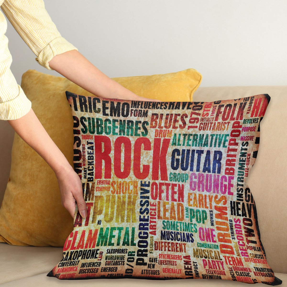 ABAKUHAUS Muziek Kussenhoes, Muziek Rots 'n' Roll-Plakat, Wasbare Kussenhoes met Ritssluiting, Kleurechte Heldere Kleuren en Dubbelzijdige Print, 45 x 45 cm, Meerkleurig