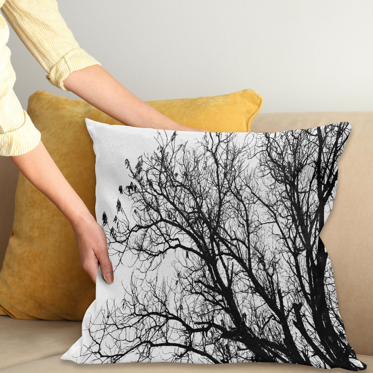 ABAKUHAUS Natuur Kussenhoes, Herfst-Herfst-Boom-Zweig, Decoratieve Kussenhoes met Dubbelzijdige Print, Ritssluiting, Wasbaar, 40 x 40 cm, Zwart en Wit