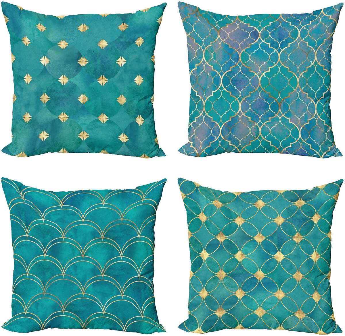 ABAKUHAUS Abstract Sierkussen Kussenhoes 4 er Set, Aquarel Oosters Squama, Modern Accent Dubbelzijdige Digitale Print, 50 x 50 cm, Zeegroen Ceil Blauw en Kamel