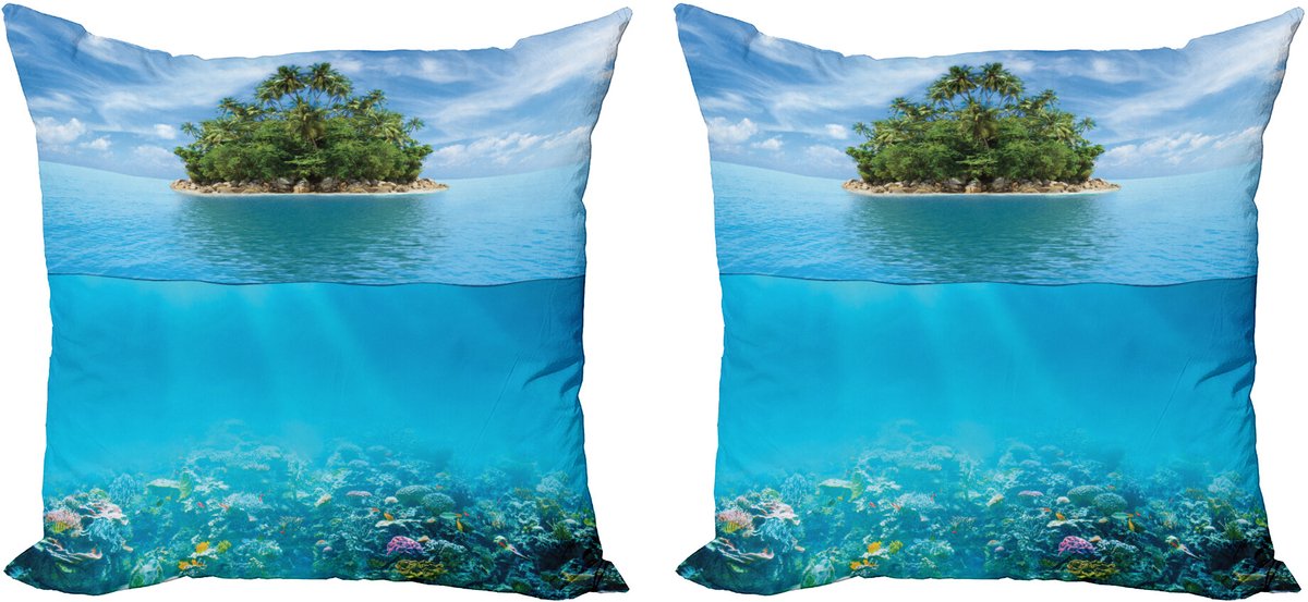 ABAKUHAUS Tropisch Sierkussenhoes Set van 2, Kleine Insel in Oceaan, Modern Accent Dubbelzijdige Digitale Print, 60x60, Aqua Bos Groen