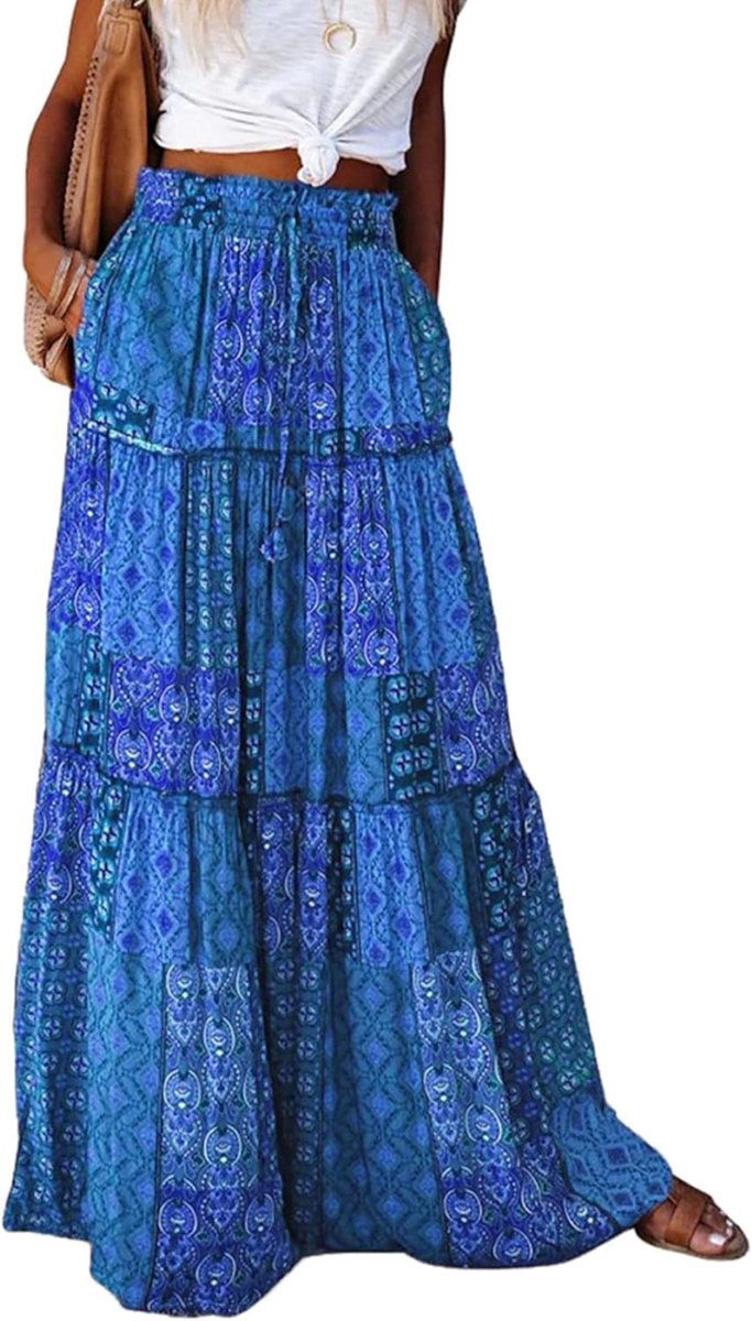Maxirok voor dames, lang, elegant, boho, casual, midi-rok, A-lijn, effen, zomerrok, rok met zakken, elastische hoge taille, strandrok, vrijetijdsrok, Boho-donkerblauw, S