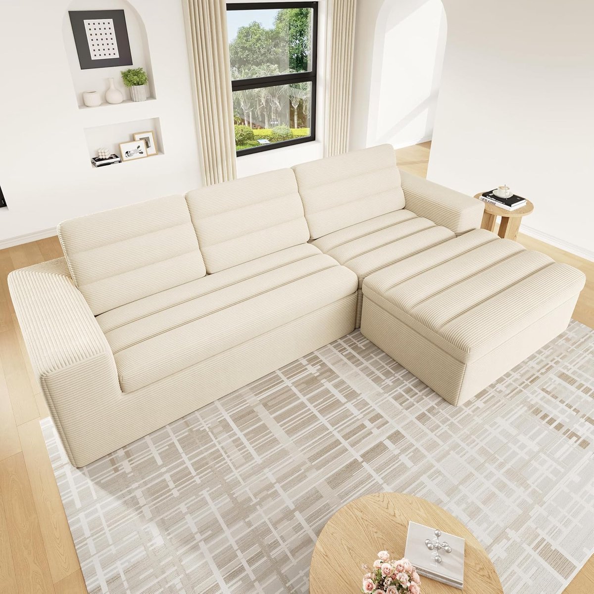 L-vorm van chenille, modulaire hoekbank voor woonkamer, frameloze diepe zitbank met flexibele combinatie, ideaal voor appartementen en gezinnen, beige, 5-zits (beige-D-5S)