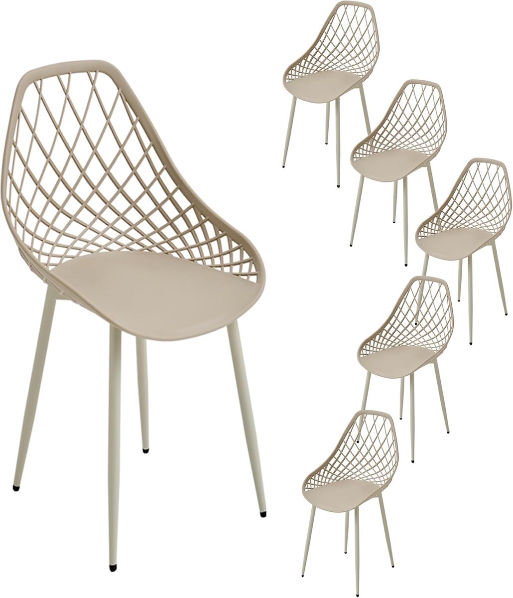 Set van 6 Patio Bistro-stoelen Tuinmeubels Stoel met PP-zitting en metalen frame Buitenstoelen voor op het balkon, het gazon en bij het zwembad Kaki