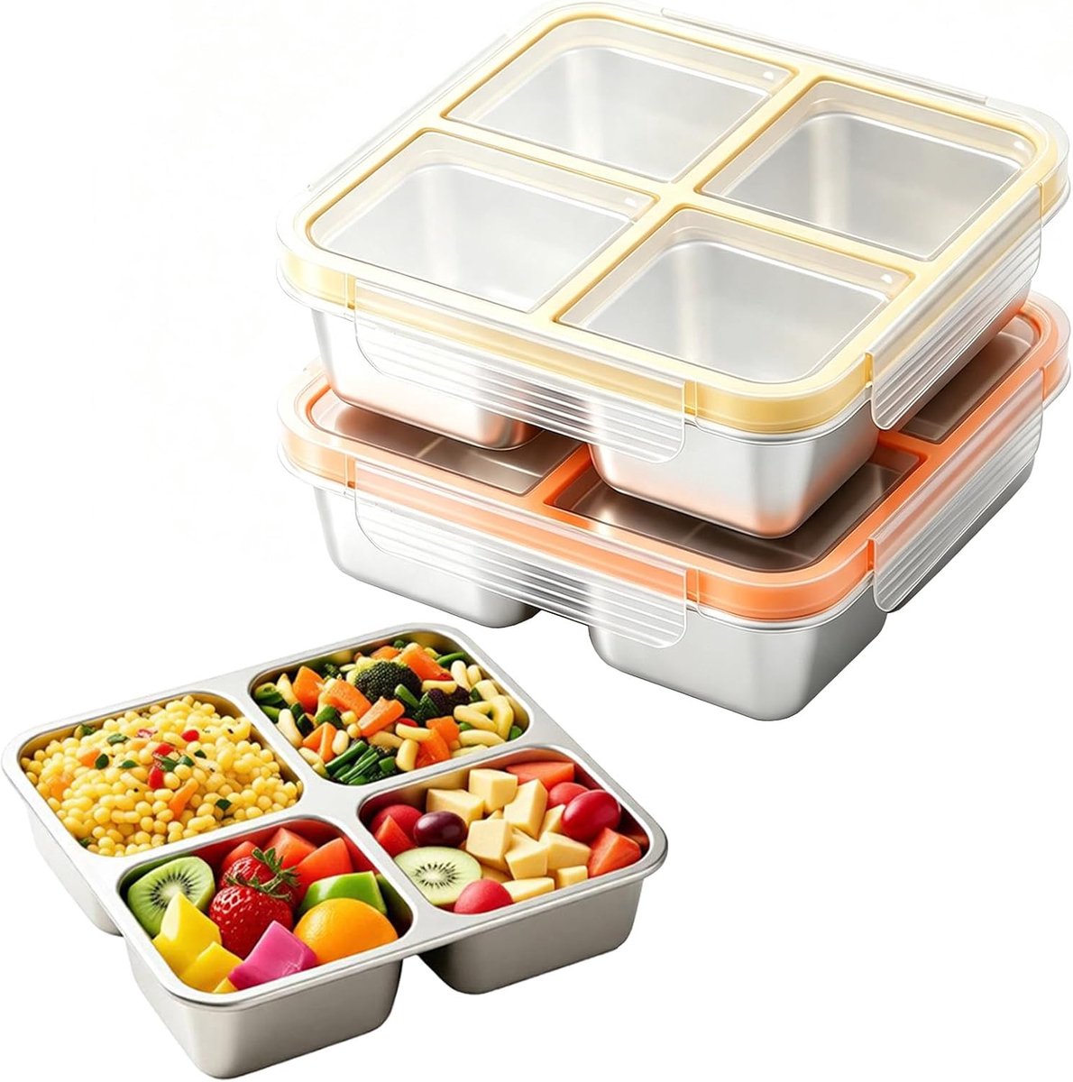 2 stuks snackbox met 4 vakken, roestvrij staal, broodtrommel 720 ml voor kinderen en volwassenen, lekvrije lunchbox met deksel, voor school, werk en camping
