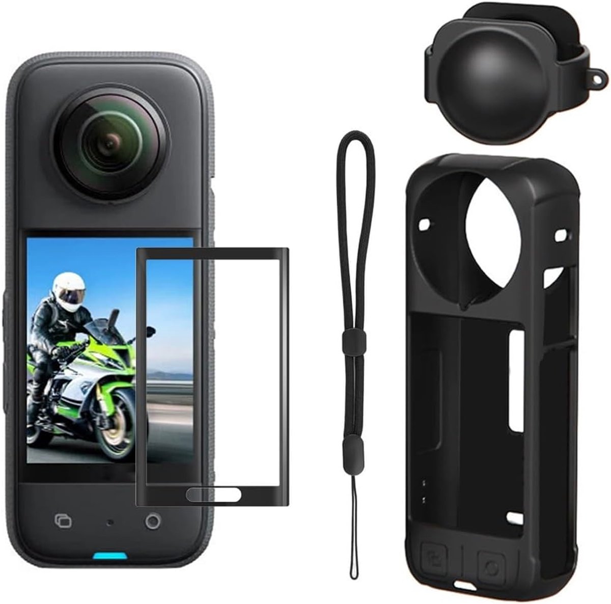 4-in-1 accessoireset, compatibel met Insta 360 X4, met siliconen hoesje voor camera en lensdop, schermbescherming, krasbestendig voor Insta360 x4 accessoires, zwart