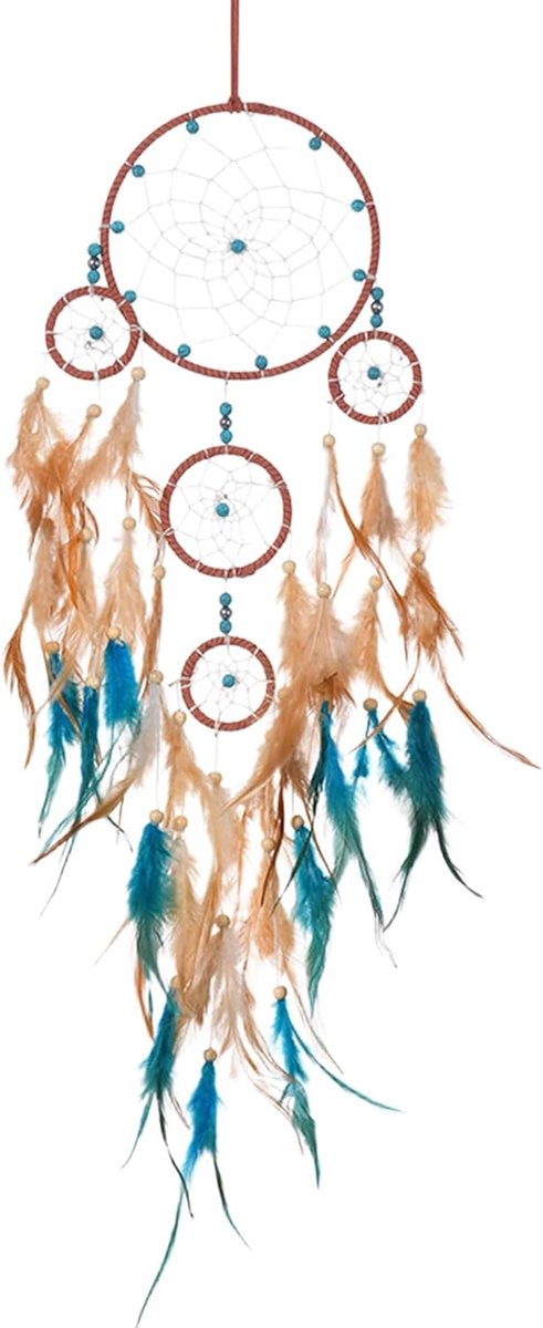 Dromenvanger met veerkralen, kinderzonnevanger, grote dromenvanger met vijf ringen, decoratie voor kinderkamer, creatief cadeau voor meisjes en jongens, blauw