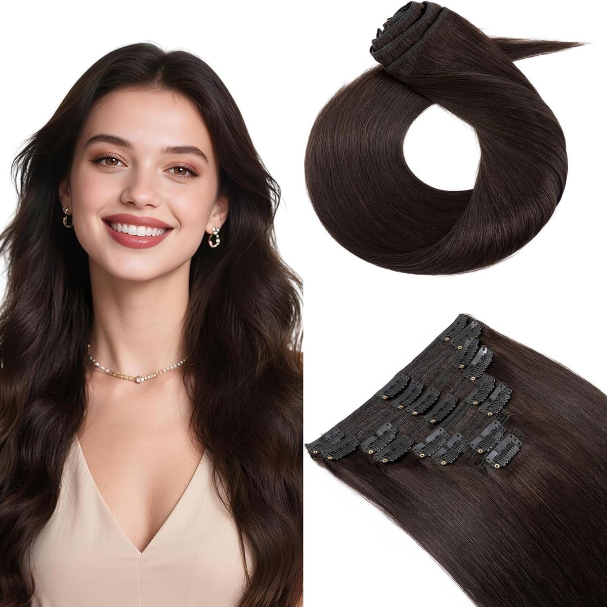 Clip In Extensions Natuurlijk Haar 8 Stuks 40cm Dubbele Genaaide Haarverlenging, Natuurlijk Haar Extensies voor Volledige Hoofd(#02 Donkerbruin, 130g)