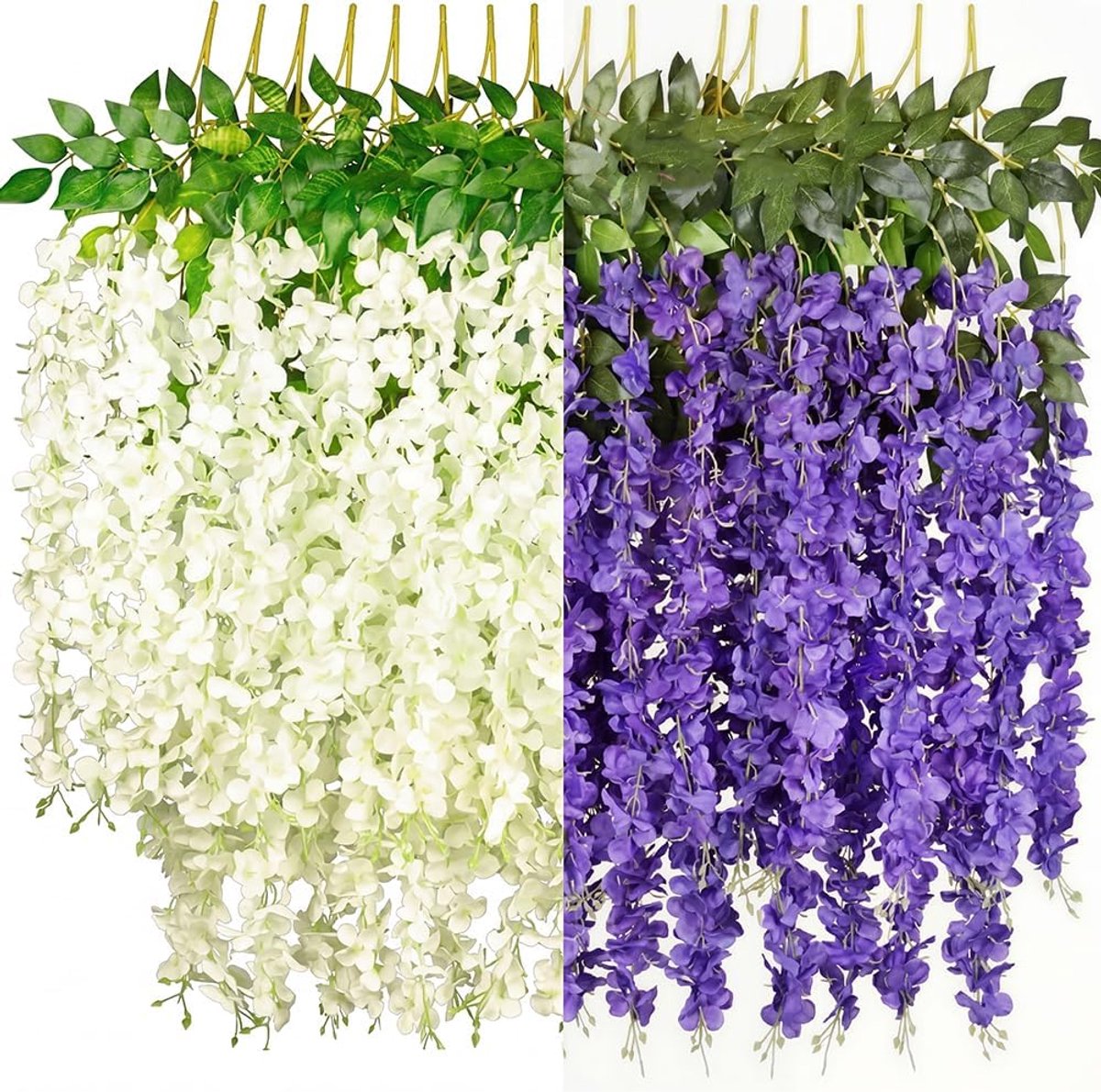 16 Stuks Kunstmatige Blauweregen Bloemen, 8 Paars + 8 Witte Hangende Nep Blauweregen, Zijden Wingerd voor Bruiloft, Feest, Tuin, Muur, Pergola, Binnen en Buiten
