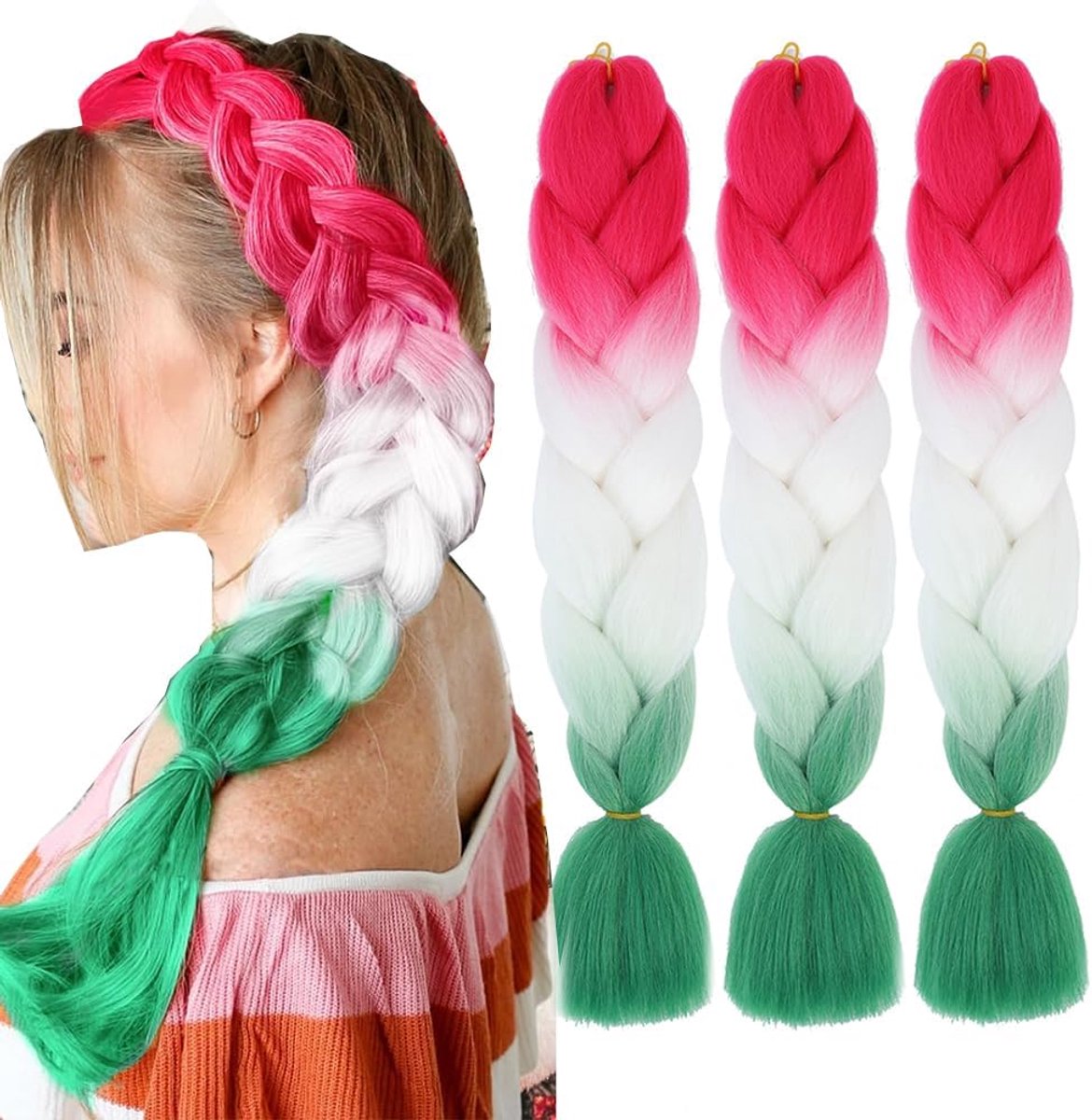 Extensions roze rood wit groen kleurrijke vlechten haarextensies