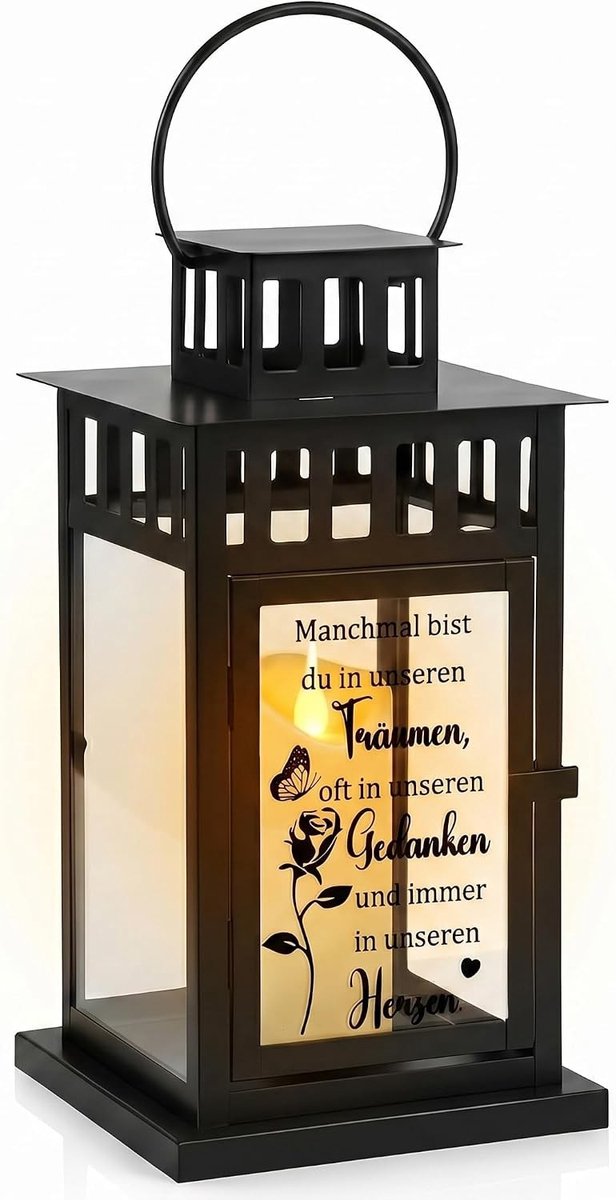 Weerbestendige metalen graflantaarn met gravure, herdenkingslamp voor begraafplaats, condoleancegeschenken en urnen (27x15x15cm, zwart)
