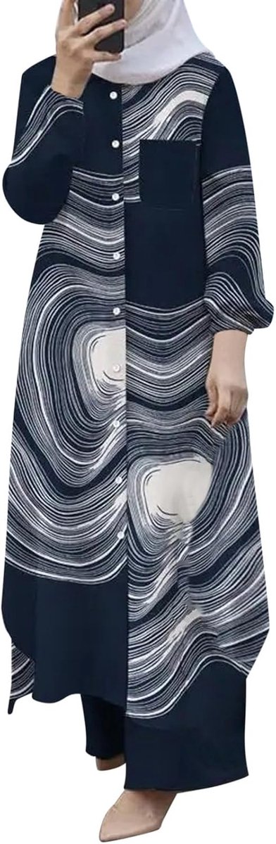 Moslim 2-delige sets voor dames, shirt met lange mouwen, button-down shirt, broek, abaya, vrijetijdsjurk, Dubai outfits (marineblauw, M)