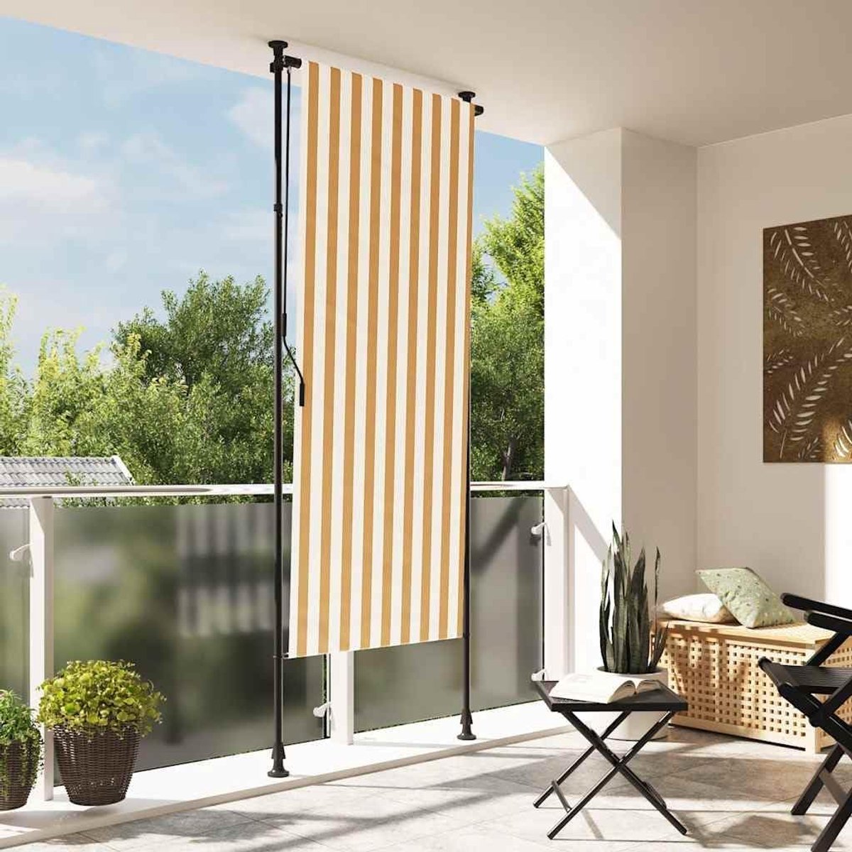 Rolgordijn voor buiten, oranje en wit, 100 x 270 cm, van stof en staal, uv-bestendige inkijkbescherming, met zwengel voor terras, balkon en tuin, intrekbaar zonwerend rolgordijn