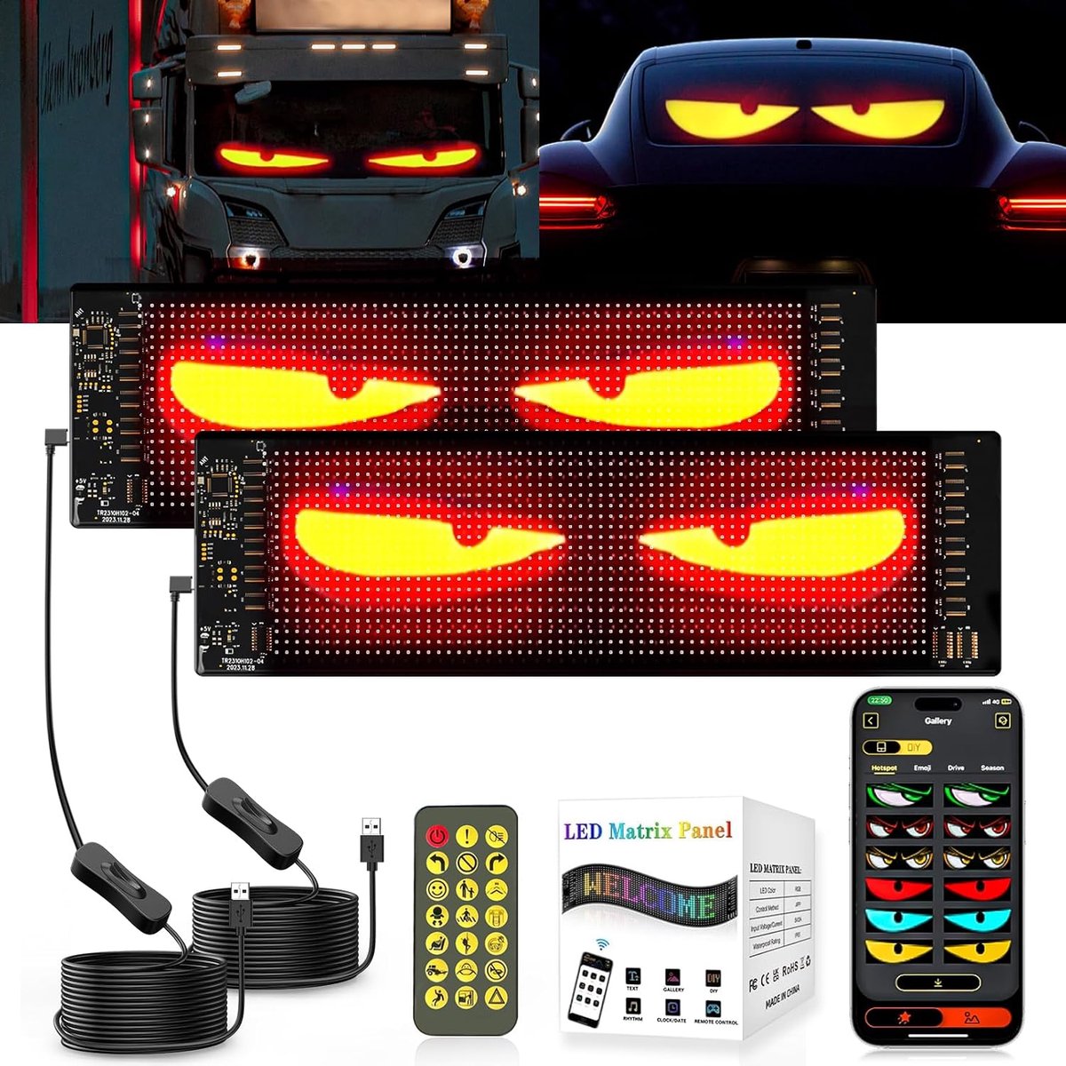 Ogen voor Vrachtwagens, Duivelsogen Auto Verlichting, Flexibel Programmeerbaar LED-display voor Auto, Vrachtwagen, Bedrijf, DIY Reclame (2 stuks 10.2x34.8cm)