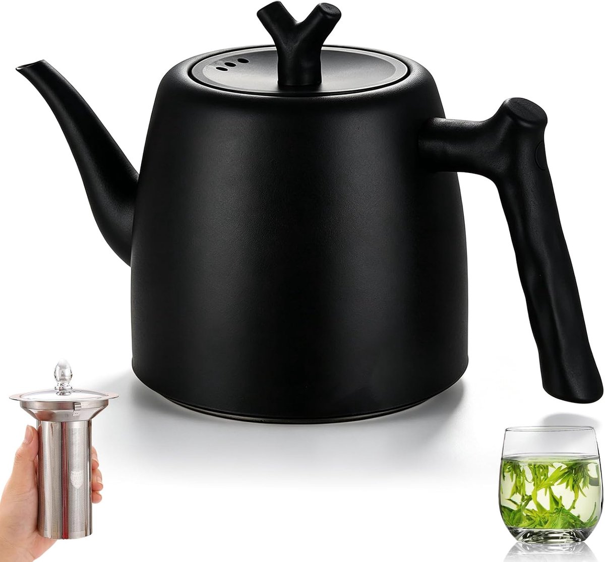 Zwart, theepot met zeefinzet, 2 l, hoogwaardige theepot met hittebestendige handgreep, dubbelwandige kan 5-6 kopjes voor fruitkruiden en infusiethee, gember en kruidenmengsels