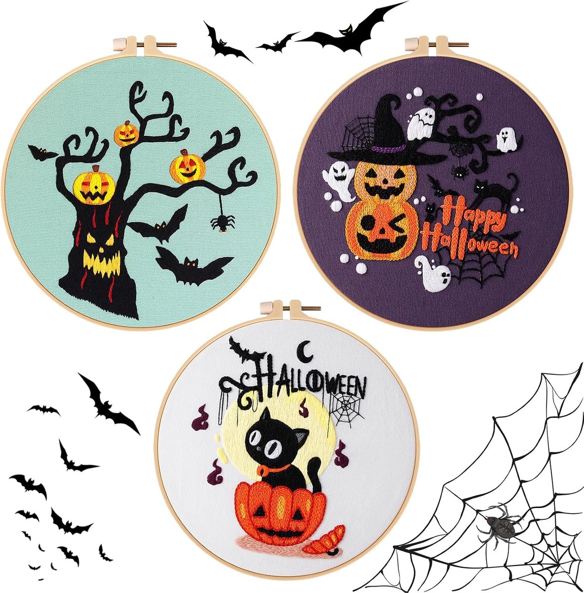 Borduurset, Halloween-patroon starterskit voor beginners, pompoen, geesten, vleermuis kruissteekkit, gestempeld met en instructies, 3 stof, 1 hoepels, kleurdraden