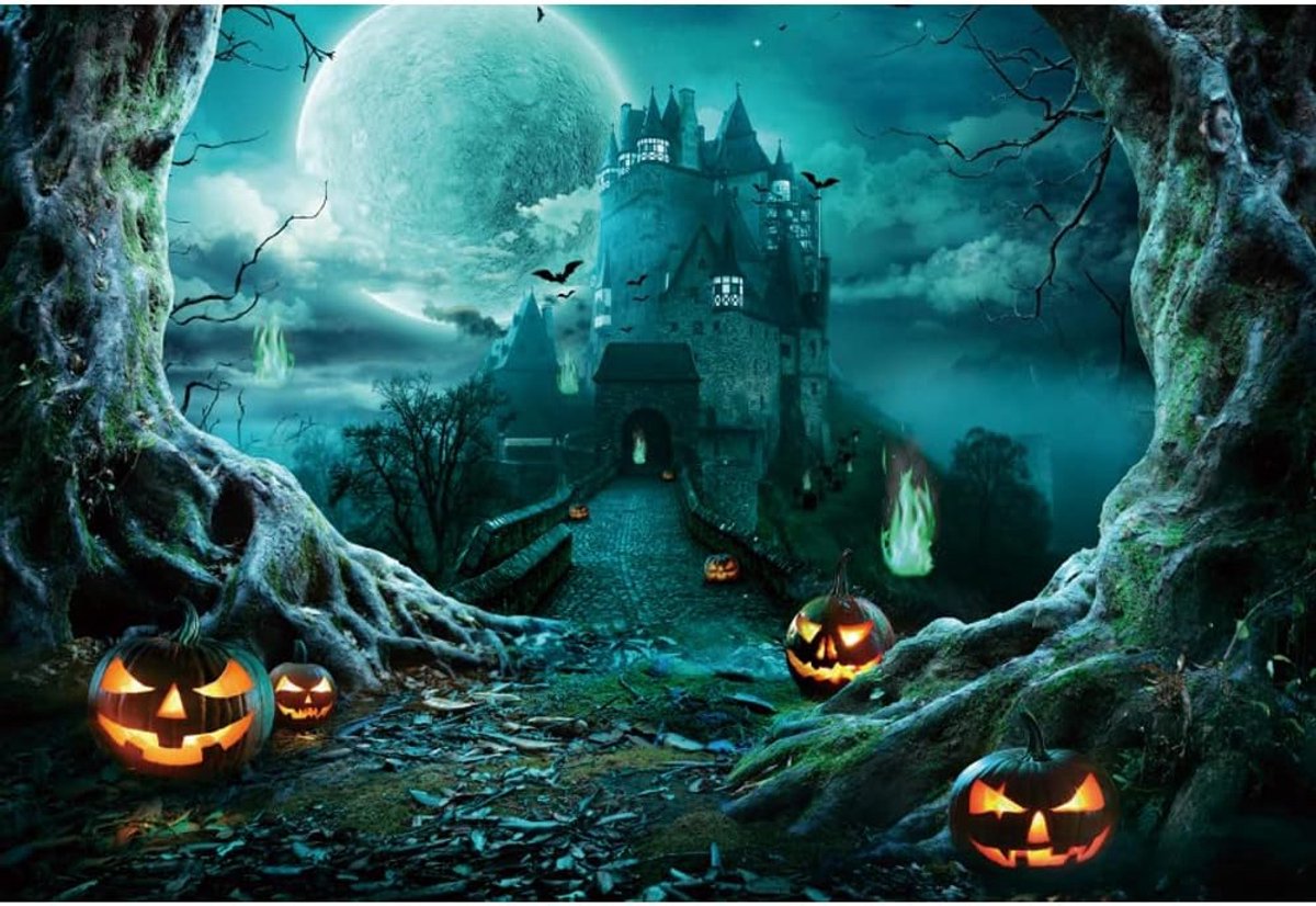 10x8ft Halloween Party Fotografie Achtergrond Kasteel Volle Maan Enorme Dode Boom Achtergrond Terreur Kasteel Boom Pompoen Fotografie Achtergrond voor Kinderen Volwassen Party Banners