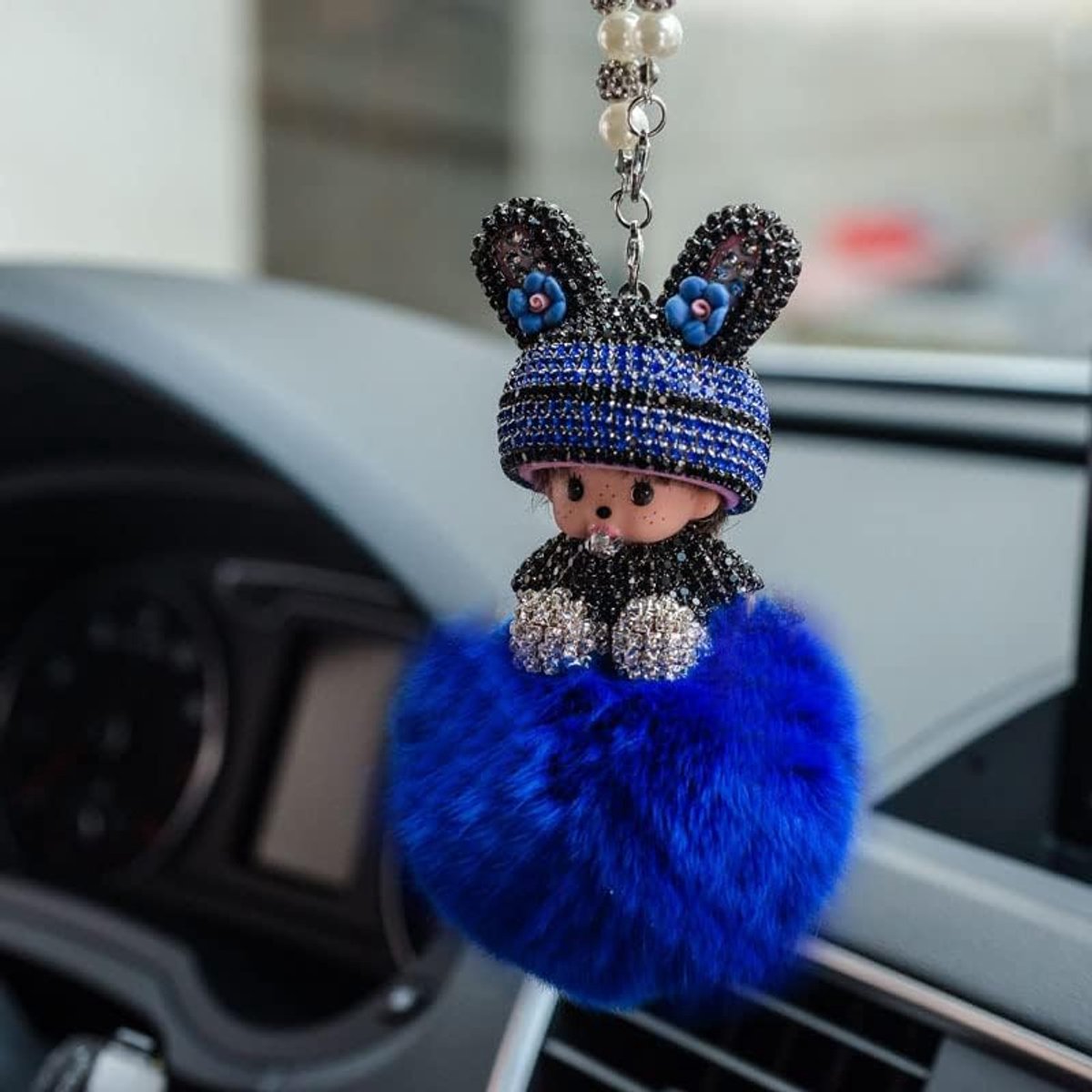 Achteruitkijkspiegel ornament, bling strass achteruitkijkspiegel hanger schattige pop pluche bal auto hangende hanger schattige autospiegel hanger auto interieur decoratie geschenken voor vrouwen