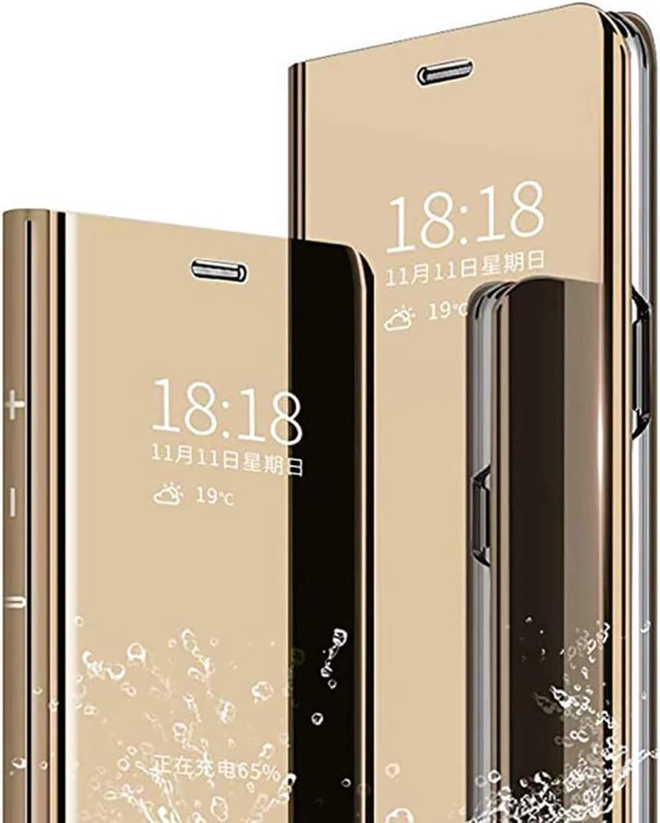 Hoesje voor Xiaomi Redmi 15C/15C, 4G, 5G, Smart View, hard PC, spiegel, standaard, grappig design, siliconen fliphoes, goud
